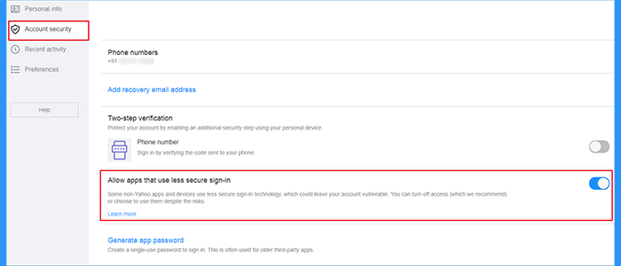 Turn Allow apps that use lesser secure sign-in