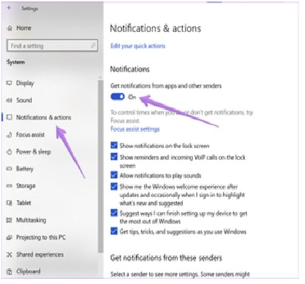 Enable Notifications in Windows 10 Settings